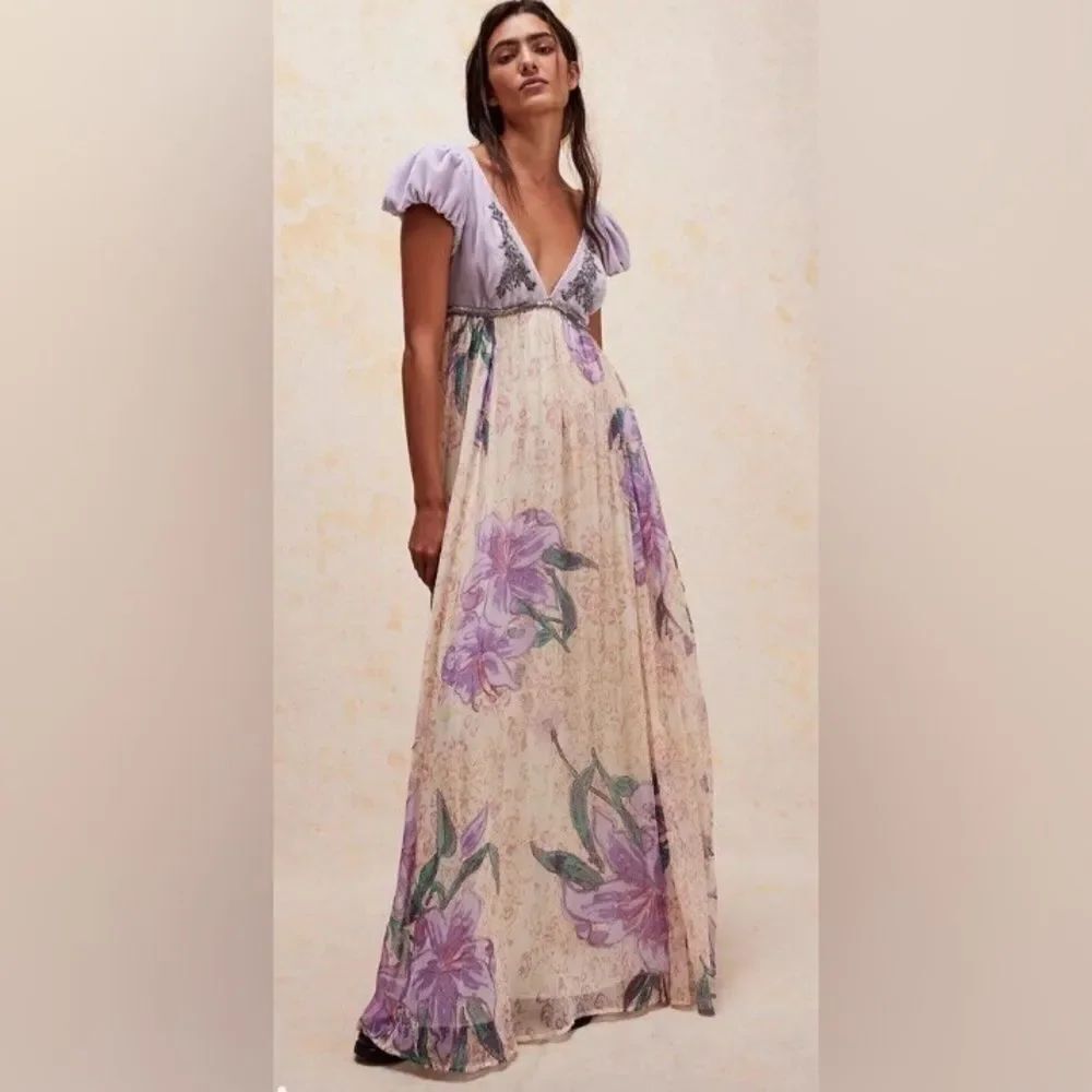 Free People Colette Velvet Embellished Sequins Embroidered Maxi Dress size 8